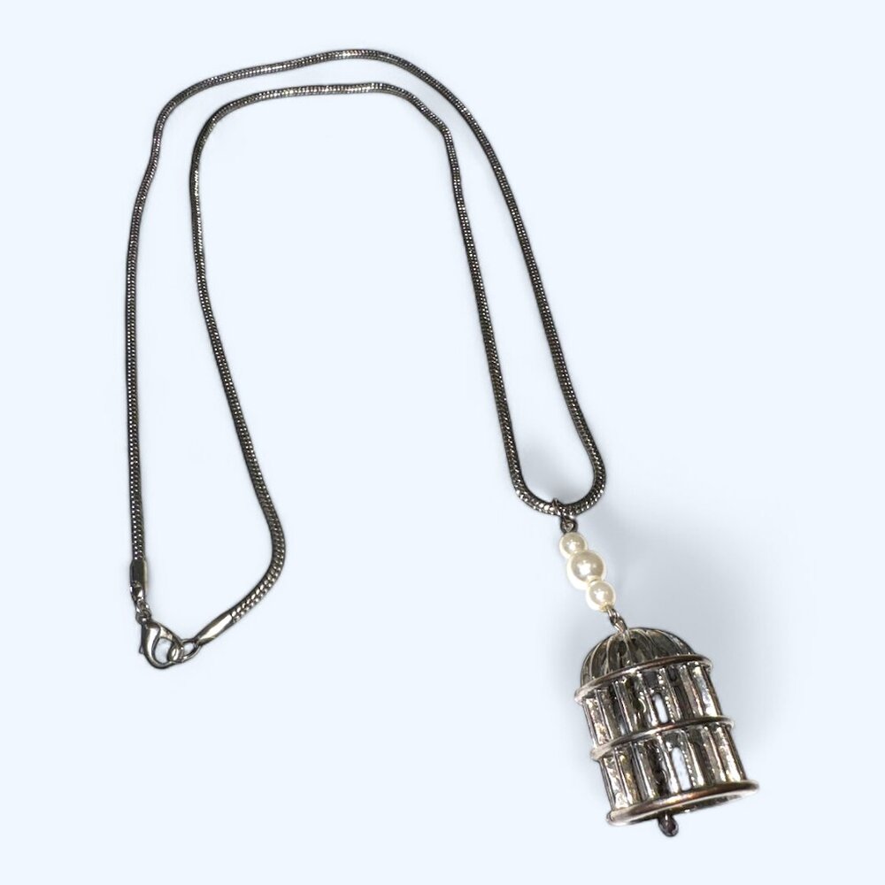 Vintage Long Silver Tone Necklace Bird Cage Pendant Articulated Bird Dangling